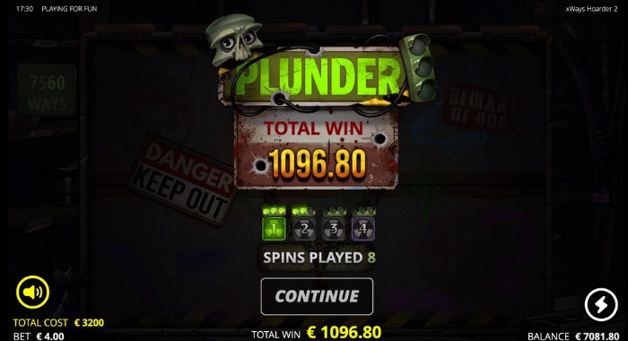 A screenshot of the xWays Hoarder xSplit online slot game, featuring a post-apocalyptic theme with a PLUNDER bonus game screen displaying a total win of €1096.80, a skull with green eyes, a DANGER KEEP OUT sign, and a balance of €7081.80 with a bet of €4.00.
