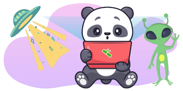A cartoon panda with a surprised expression sits with a red laptop, beside a green alien waving and a UFO beaming yellow light down, all against a gray and purple background.
