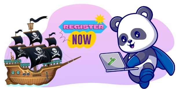 A cartoon illustration of a cute panda superhero wearing a blue cape, holding a laptop with a green bamboo logo, next to a pirate ship with black sails and skull and crossbones, with the text REGISTER NOW in a speech bubble and a yellow starburst.