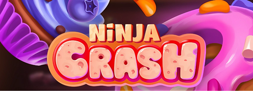 The image shows a digital graphic with the words "NINJA CRASH" in a playful, cartoon-like font against a background of colorful, abstract shapes that resemble candy or sweets.