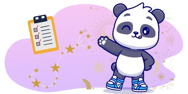 A cartoon panda winks and points to a checklist with checkmarks, with a constellation and celestial patterns in the background, all against a gray and purple background.