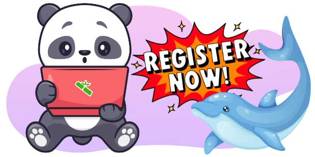 A cartoon image shows a panda bear holding a laptop with a gift icon, next to a "REGISTER NOW!" speech bubble and a blue dolphin.