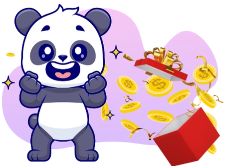 A cartoon image shows a happy panda bear with clenched fists, next to an open gift box with gold coins and ribbons flying out.