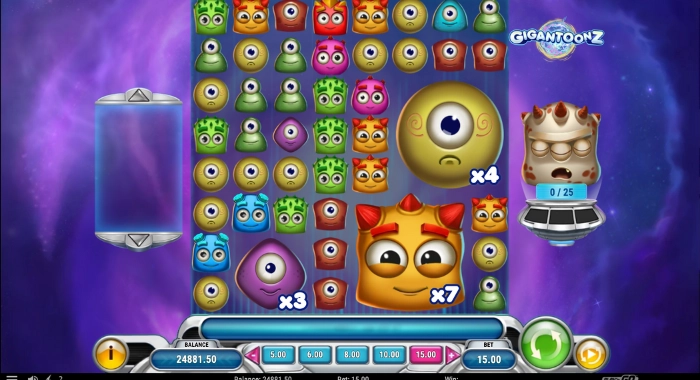 A GIGANTOONZ slot game screen displays a 7x7 grid with colorful cartoon alien symbols, multipliers of x4, x3, and x7, a 0/25 progress bar, a 24881.50 balance, and a 15.00 bet, set against a space-themed background.