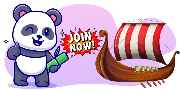 A cartoon illustration of a winking panda holding a green bamboo stick, giving a thumbs-up, next to a Viking ship with a red and white striped sail and the text "JOIN NOW!" in a starburst shape, all on a purple and gray background.