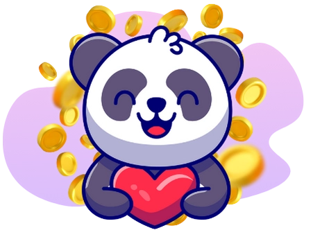 A happy cartoon panda holds a red heart, surrounded by floating gold coins against a purple and gray background.