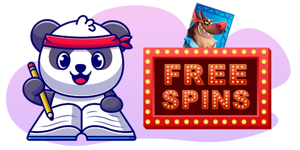 A cartoon image shows a panda bear with a red headband, holding a pencil and an open book, next to a "FREE SPINS" sign with a slot game card featuring a boar character popping out of the top.