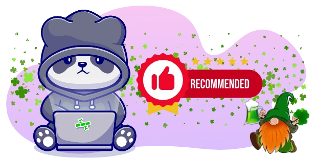 A cartoon panda in a gray hoodie sits with a laptop, beside a "RECOMMENDED" badge with a thumbs-up icon and five stars, while a leprechaun figure holds a beer mug and clovers, all against a gray and purple background with clover patterns.