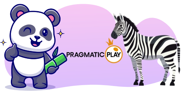 A cartoon panda winks and gives a thumbs-up, holding a bamboo stalk, next to a zebra and a PRAGMATIC PLAY logo, all against a gray and purple background.