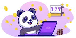A cartoon panda smiles and looks at a laptop displaying "777" on a slot machine graphic, surrounded by falling gold coins and a stack of casino chips on a purple background.