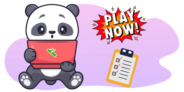 A cartoon illustration of a panda holding a laptop with a green bamboo logo, sitting next to a checklist on a clipboard and the text PLAY NOW! in a starburst shape, all on a purple and gray background.