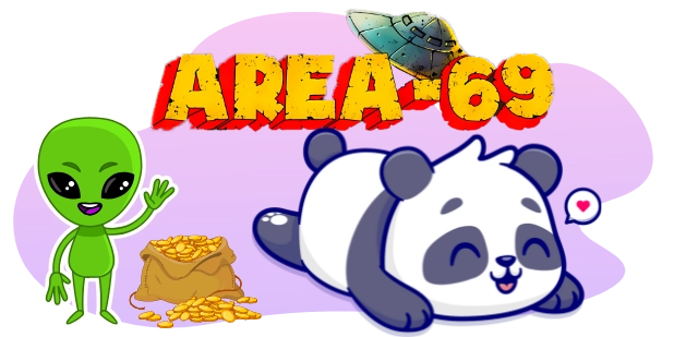 A cartoon panda lies down with a happy expression and a heart, beside a green alien waving and a bag of gold coins, with the text AREA-69 above and a UFO in the upper right corner, all against a gray and purple background.