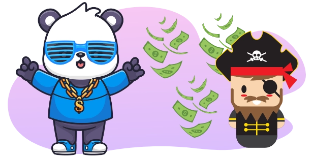 A cartoon illustration of a cute panda wearing blue sunglasses, a gold chain with a dollar sign pendant, and a blue shirt, standing next to a small cartoon pirate with a black hat, red bandana, and eye patch, with green dollar bills floating between them.