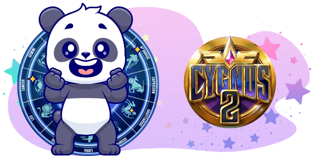A cartoon panda with a happy expression stands next to a wheel with zodiac symbols and a "CYGNUS 2" logo, all against a gray background.