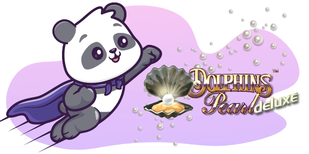 A cartoon image depicts a panda bear wearing a purple cape and flying next to an open oyster with a pearl, with the "Dolphin's Pearl Deluxe" logo and scattered pearls in the background.
