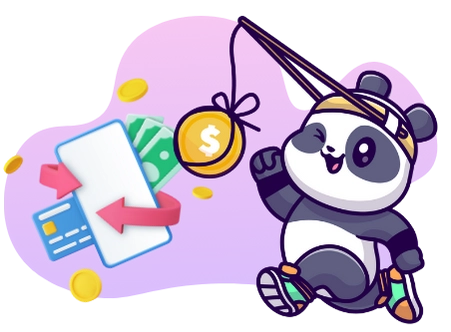 A cartoon panda bear runs with a fishing rod, dangling a dollar coin towards a smartphone with a credit card and money.