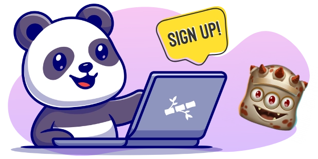 A cartoon panda uses a laptop with a SIGN UP! speech bubble above, next to a cartoon monster, all against a gray and purple background.