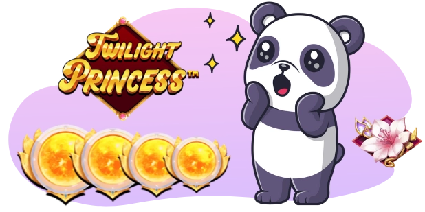 A cartoon-style illustration of a surprised panda with its hand to its cheek, standing next to the "Twilight Princess" logo and three glowing orbs, with a pink lotus flower in the bottom right corner, all against a gray and purple background with sparkling stars.