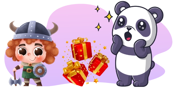 A cartoon illustration of a surprised panda with its hand to its cheek, looking at floating red and gold gift boxes, next to a small Viking character with a helmet, shield, and axe, all on a purple and gray background.