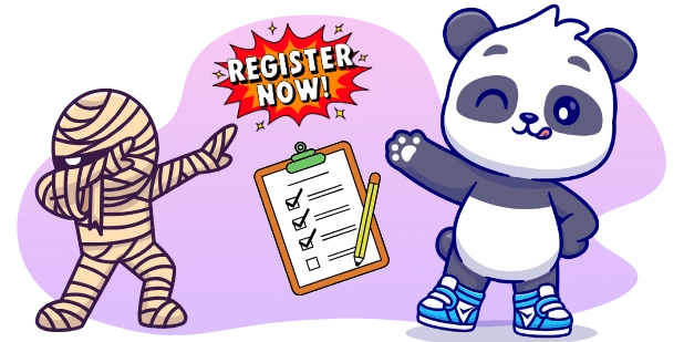 A cartoon panda winks and points to a "REGISTER NOW!" speech bubble, next to a checklist on a clipboard and a dancing mummy, all against a gray background.