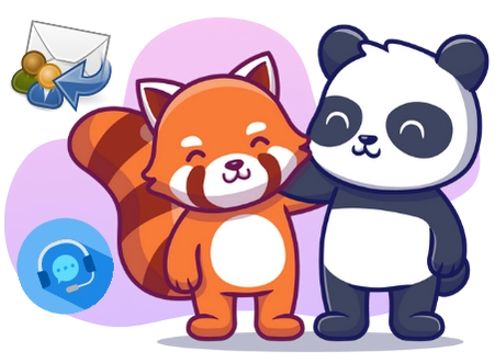 A cartoon red panda and a panda stand side-by-side with smiling faces, with a stylized email icon and customer service headset icon in the background.