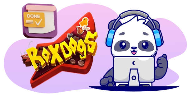 A cartoon image depicts a panda bear wearing a headset and working at a laptop, next to a guitar-shaped "RexDogs" logo and a notepad with a "DONE" sticker.