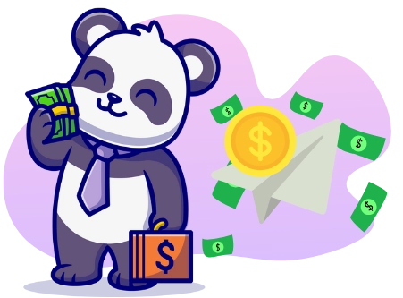 A cartoon panda in a purple suit and tie holds a stack of cash and a briefcase with a dollar sign, next to a paper airplane, a gold coin with a dollar sign, and scattered green dollar bills, against a gray background with purple swirls.
