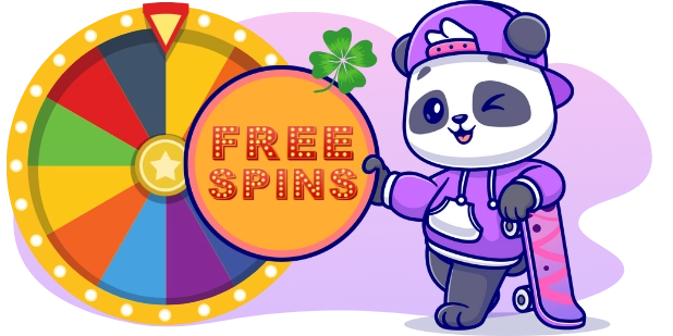 A cartoon panda wearing a purple hooded jacket and baseball cap winks, holding a skateboard, next to a spinning wheel and a sign that reads "FREE SPINS", all against a gray background.