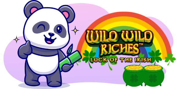 A cartoon panda winks and gives a thumbs-up, holding a bamboo stalk, next to a "WILD WILD RICHES" logo with a rainbow and two pots of gold, all against a gray and purple background.