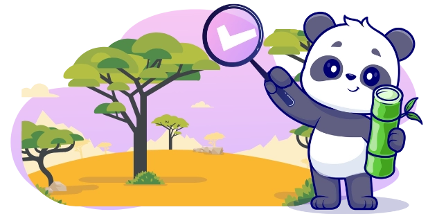 A cartoon panda holds a magnifying glass with a checkmark and a bamboo stalk, standing in a safari landscape with trees and bushes.