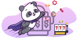 A cartoon panda wearing a cape spins slot machine wheels with dollar signs. Casino chips and a "777" symbol are visible.