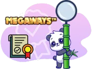 A cartoon panda peeks out from behind a green bamboo stalk, holding a large magnifying glass over a document with a checkmark and the word