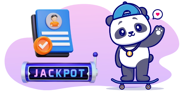 A cute panda on a skateboard next to a jackpot sign and a verified profile icon.