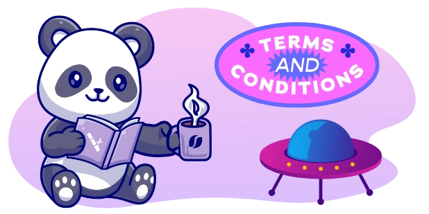 A cartoon panda sits reading a book and holding a candle in a mug, next to a pink oval sign that reads TERMS AND CONDITIONS, with a UFO below, all against a gray and purple background.