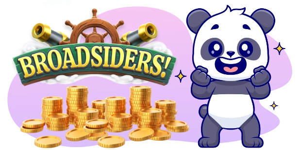 A cartoon illustration of a happy panda with clenched fists, standing next to the BROADSIDERS! logo, a ship's wheel, two cannons, and stacks of gold coins, all on a purple and gray background.