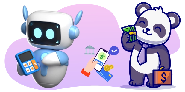 A cartoon illustration of a robot holding a calculator, a hand transferring money via a smartphone app, and a panda holding cash and a briefcase with a dollar sign.
