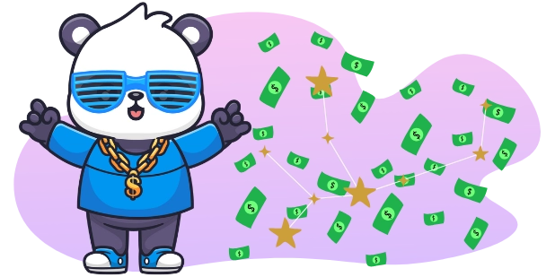 A cartoon panda wearing sunglasses, a gold chain, and a blue jacket stands next to a constellation and falling dollar bills, all against a gray and purple background.