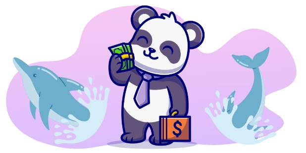 A cartoon image shows a panda bear dressed in a suit with a tie, holding cash and a briefcase with a dollar sign, standing between two blue dolphins leaping out of water.