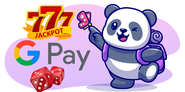 A cartoon panda bear wearing a backpack plays with a butterfly, with the numbers "777" and "JACKPOT" above the Google Pay logo and dice.