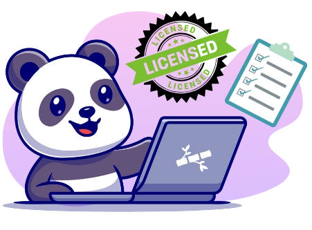 A cartoon panda works on a laptop with a bamboo design, while a