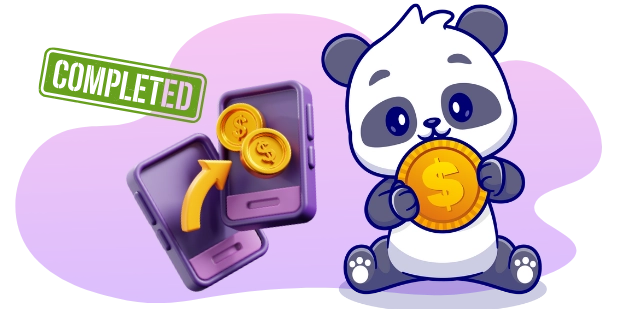 A cartoon panda holds a gold coin, next to two phones with gold coins and an arrow showing a transfer, with a green COMPLETED stamp, all against a gray and purple background.