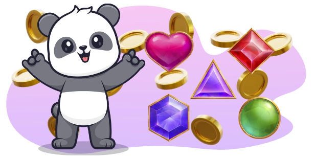 A cartoon panda with a happy expression and outstretched arms stands amidst scattered gold coins and various colorful gems, including a red diamond, a purple triangle, a blue hexagon, a green sphere, and a pink heart, all against a gray and purple background.