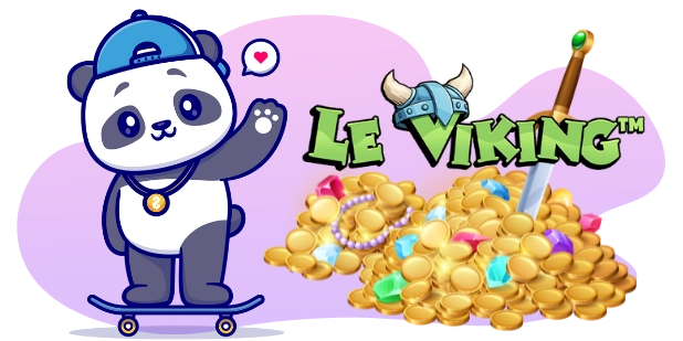 A cartoon illustration of a panda wearing a backwards baseball cap and a necklace with a gold coin pendant, riding a skateboard, next to the "Le Viking" logo, a Viking helmet, a pile of gold coins, jewels, and a sword, all on a purple and gray background.