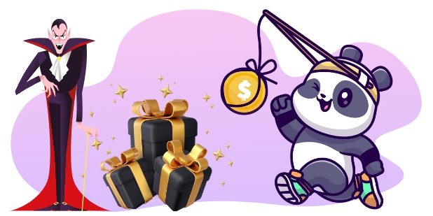 A cartoon panda is lured by a dangling coin, while a vampire stands next to a stack of gift boxes with gold ribbons, all against a gray and purple background.