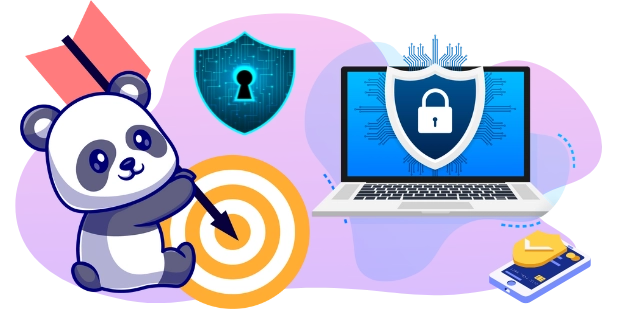 A cartoon panda aims an arrow at a target, surrounded by computer security symbols like shields, a laptop with a padlock, and a secure smartphone.