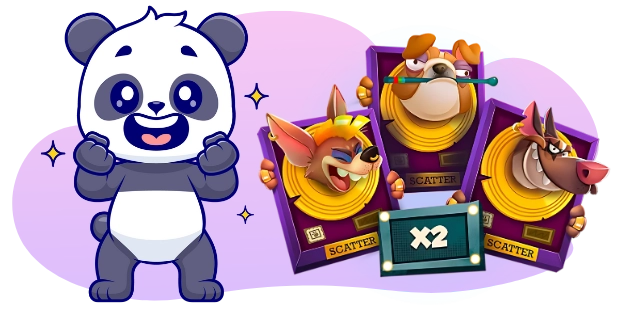 A cartoon image shows a happy panda bear with clenched fists next to three slot game cards featuring dog characters and the word "SCATTER", with one card displaying a "X2" multiplier.