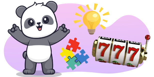 A cartoon panda with outstretched arms stands beside a slot machine showing three sevens and the word "BAR" above each reel, a glowing lightbulb, and four colorful puzzle pieces, all against a gray background with a purple swirl.
