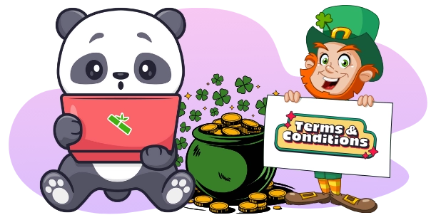 A cartoon panda sits with a laptop, next to a leprechaun holding a sign that reads "Terms & Conditions", with a pot of gold coins in between, all against a gray and purple background.