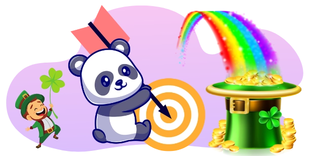A cartoon panda aims an arrow at a target, beside a leprechaun holding a clover and a pot of gold overflowing with coins and a rainbow, all against a gray and purple background.