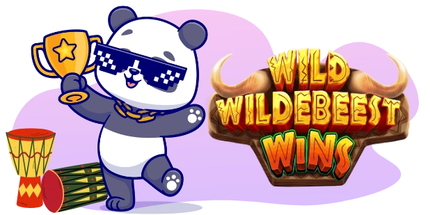 A cartoon panda wearing sunglasses and a gold chain holds a trophy, next to a drum and the WILD WILDEBEEST WINS logo with horns, all against a gray background.